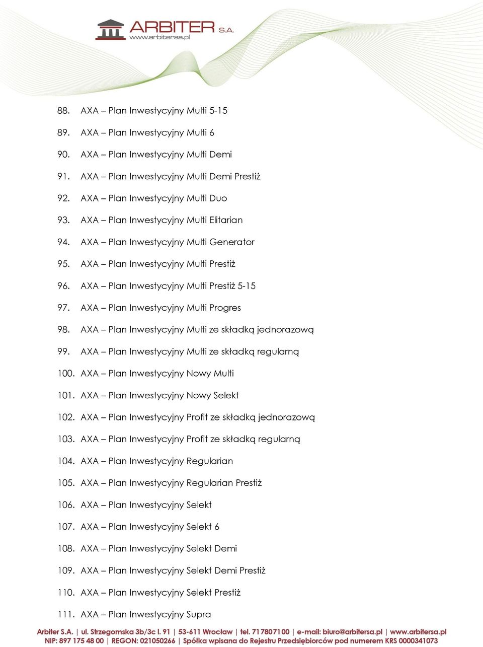 AXA Plan Inwestycyjny Multi Progres 98. AXA Plan Inwestycyjny Multi ze składką jednorazową 99. AXA Plan Inwestycyjny Multi ze składką regularną 100. AXA Plan Inwestycyjny Nowy Multi 101.