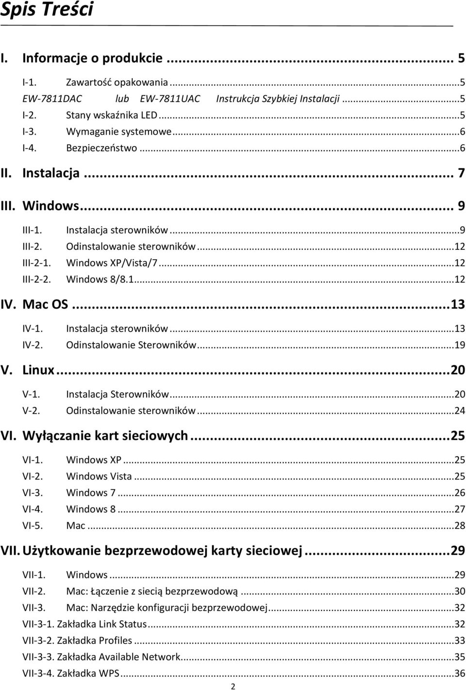 Mac OS... 13 IV-1. Instalacja sterowników... 13 IV-2. Odinstalowanie Sterowników... 19 V. Linux... 20 V-1. Instalacja Sterowników... 20 V-2. Odinstalowanie sterowników... 24 VI.