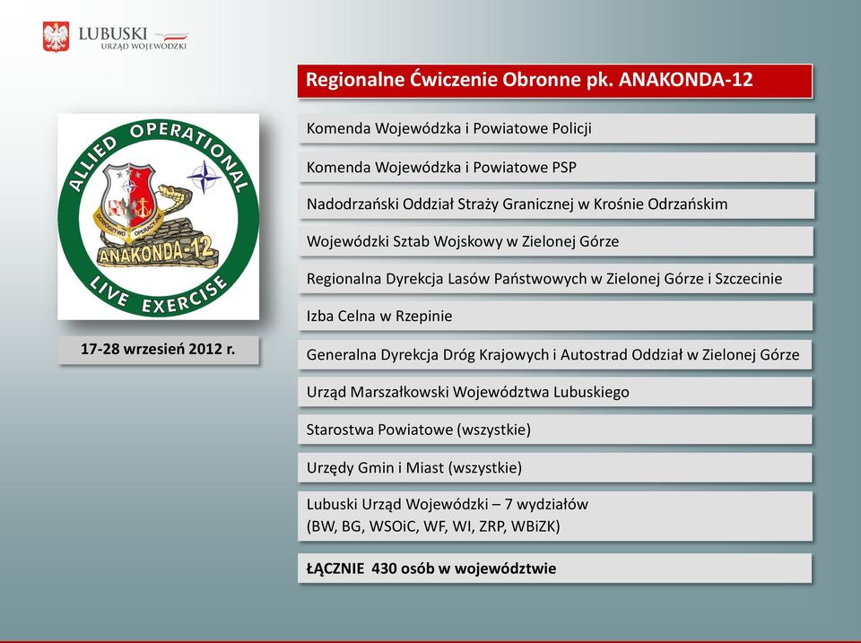 Wojewódzki Sztab Wojskowy w Zielonej Górze Regionalna Dyrekcja Lasów Państwowych w Zielonej Górze i Szczecinie Izba Celna w Rzepinie 17-28 wrzesień 2012 r.