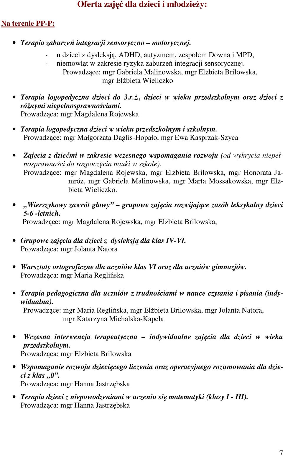 Prowadzące: mgr Gabriela Malinowska, mgr Elżbieta Brilowska, mgr Elżbieta Wieliczko Terapia logopedyczna dzieci do 3.r.ż., dzieci w wieku przedszkolnym oraz dzieci z różnymi niepełnosprawnościami.