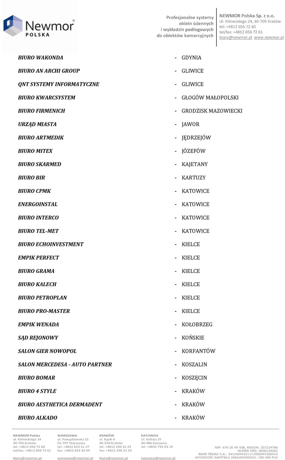 KATOWICE BIURO ECHOINVESTMENT - KIELCE EMPIK PERFECT - KIELCE BIURO GRAMA - KIELCE BIURO KALECH - KIELCE BIURO PETROPLAN - KIELCE BIURO PRO-MASTER - KIELCE EMPIK WENADA - KOŁOBRZEG SĄD