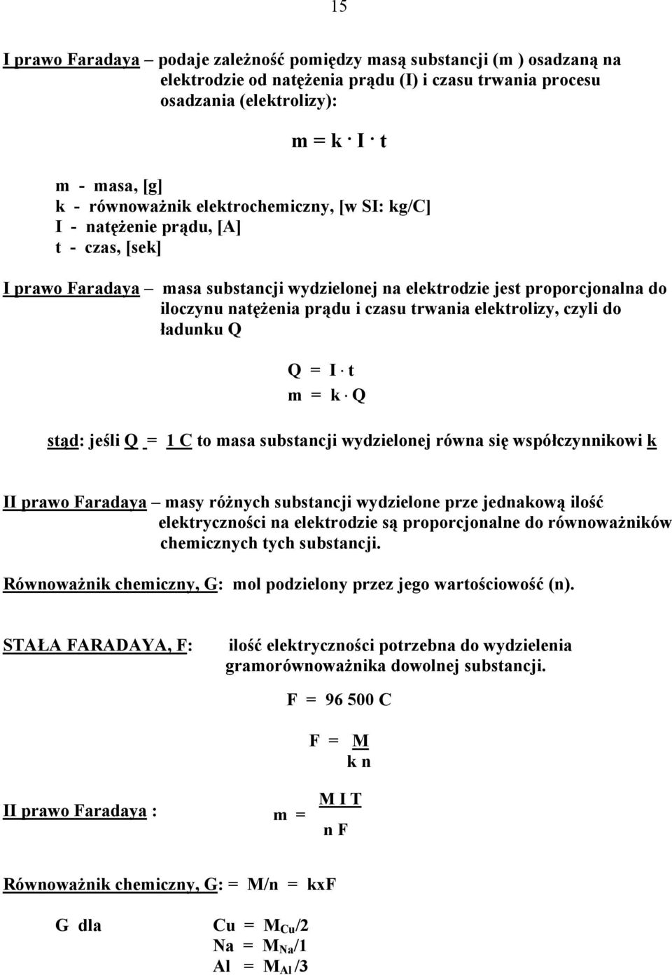 trwania elektrolizy, czyli do ładunku Q Q = I. t m = k.