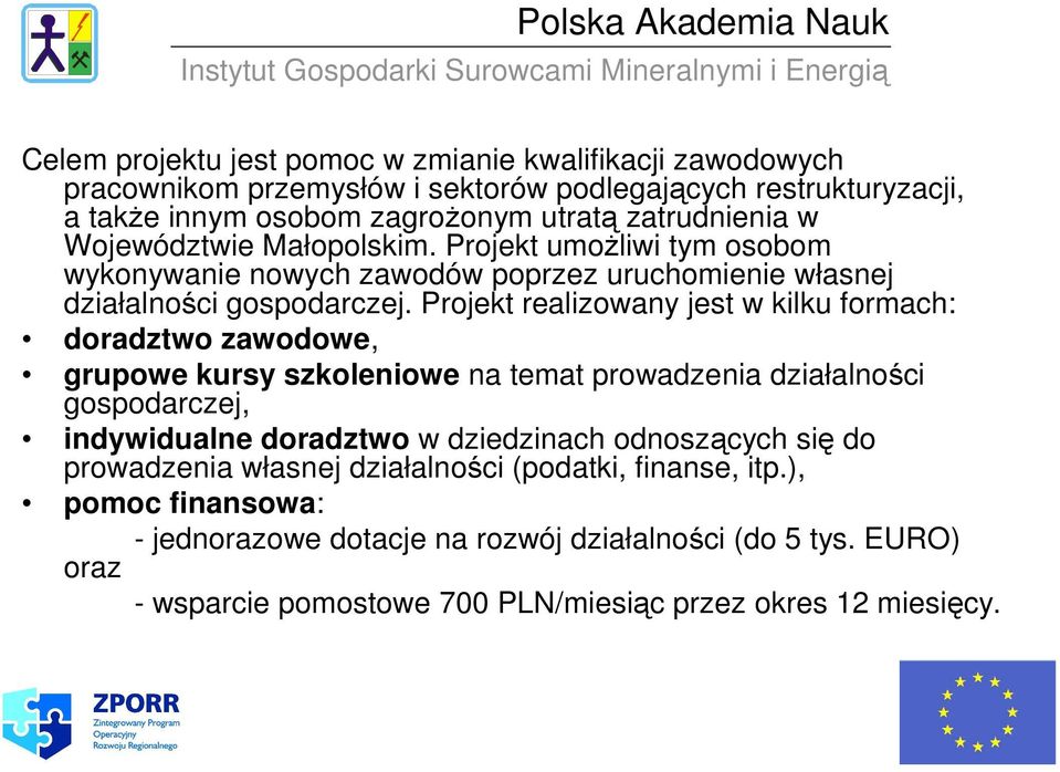 Projekt realizowany jest w kilku formach: doradztwo zawodowe, grupowe kursy szkoleniowe na temat prowadzenia działalności gospodarczej, indywidualne doradztwo w dziedzinach