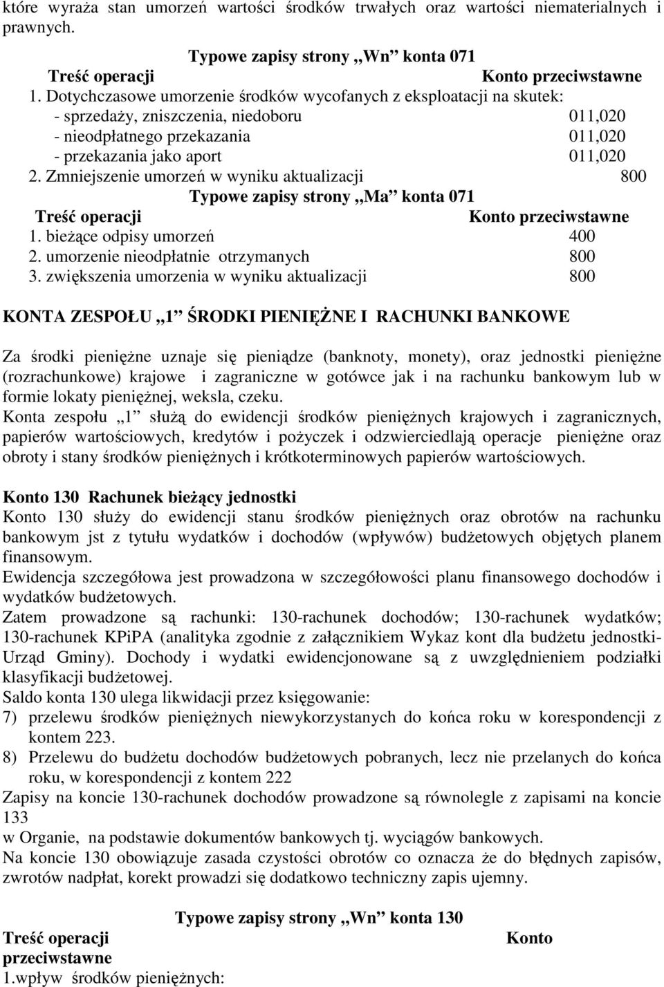 Zmniejszenie umorzeń w wyniku aktualizacji 800 Typowe zapisy strony Ma konta 071 1. bieżące odpisy umorzeń 400 2. umorzenie nieodpłatnie otrzymanych 800 3.