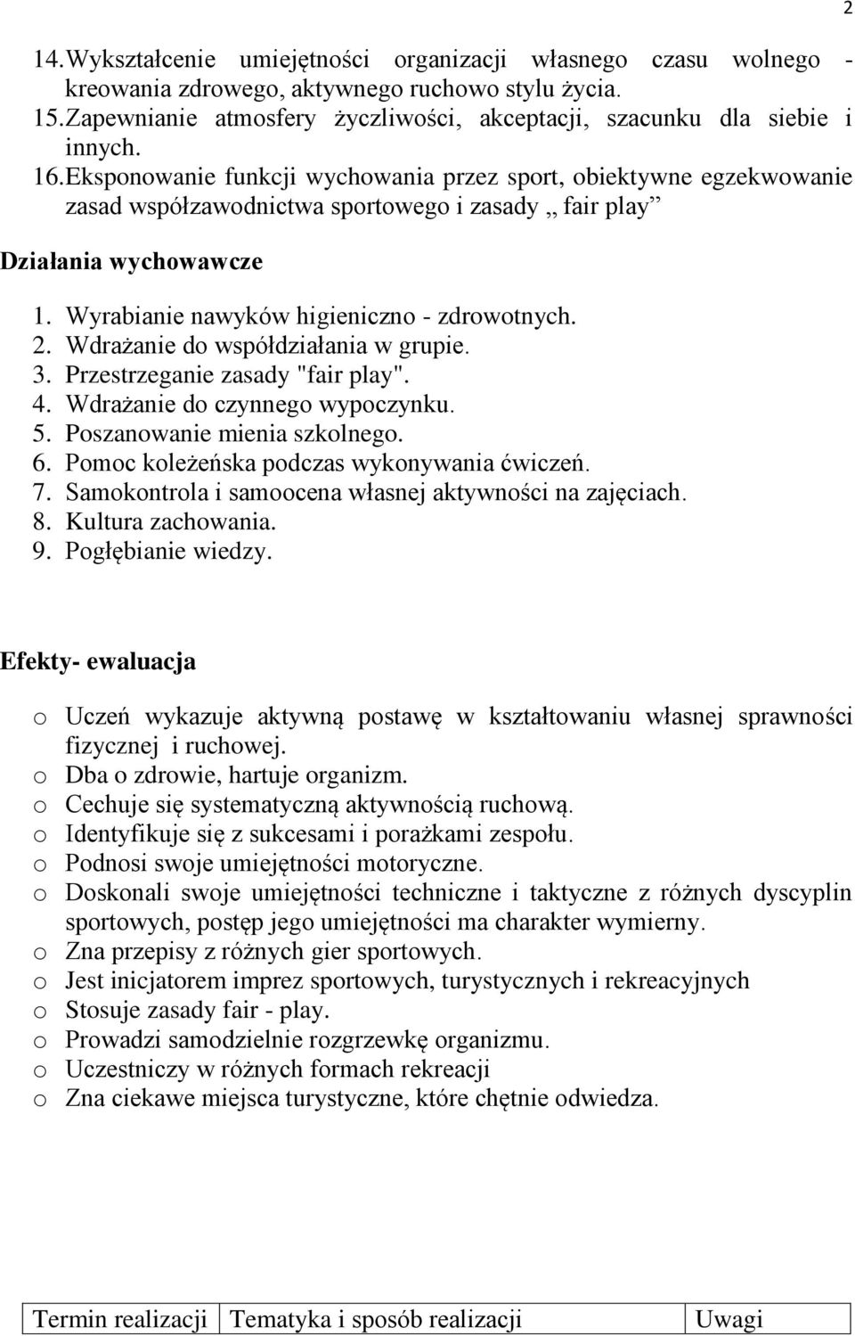 Wdrażanie do współdziałania w grupie. 3. Przestrzeganie zasady "fair play". 4. Wdrażanie do czynnego wypoczynku. 5. Poszanowanie mienia szkolnego. 6. Pomoc koleżeńska podczas wykonywania ćwiczeń. 7.