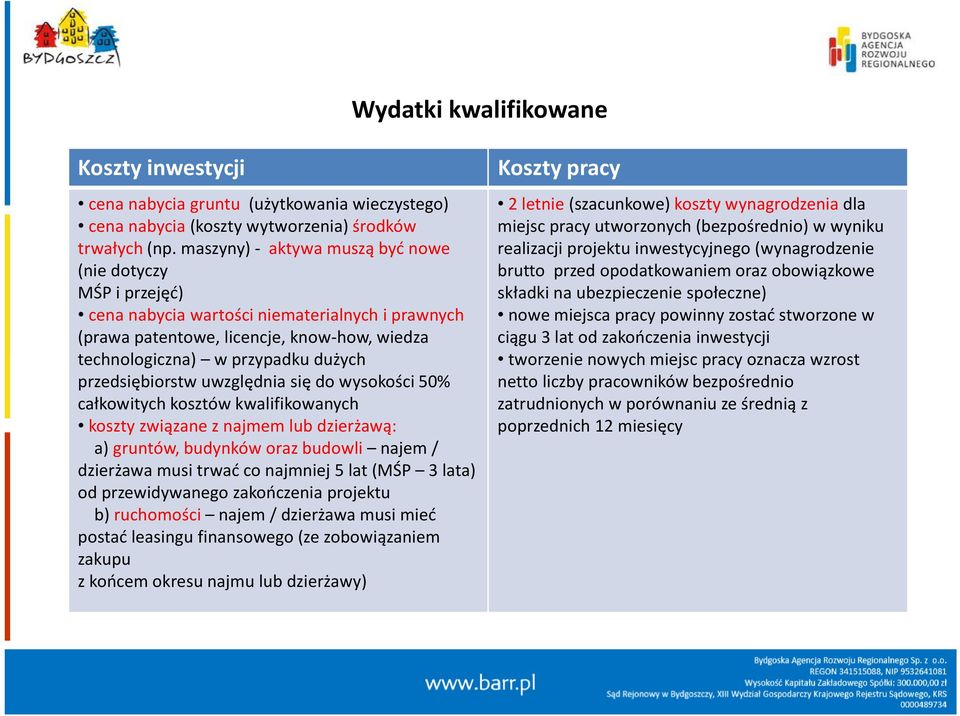 przedsiębiorstw uwzględnia się do wysokości 50% całkowitych kosztów kwalifikowanych koszty związane z najmem lub dzierżawą: a) gruntów,budynków oraz budowli najem / dzierżawa musi trwać co najmniej 5