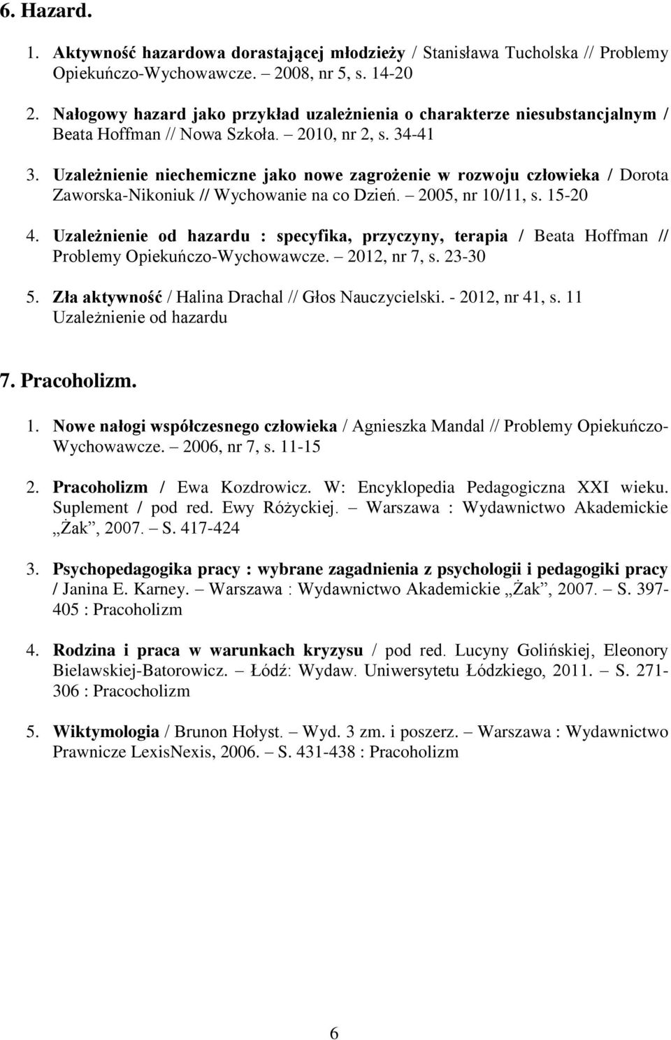 Uzależnienie niechemiczne jako nowe zagrożenie w rozwoju człowieka / Dorota Zaworska-Nikoniuk // Wychowanie na co Dzień. 2005, nr 10/11, s. 15-20 4.