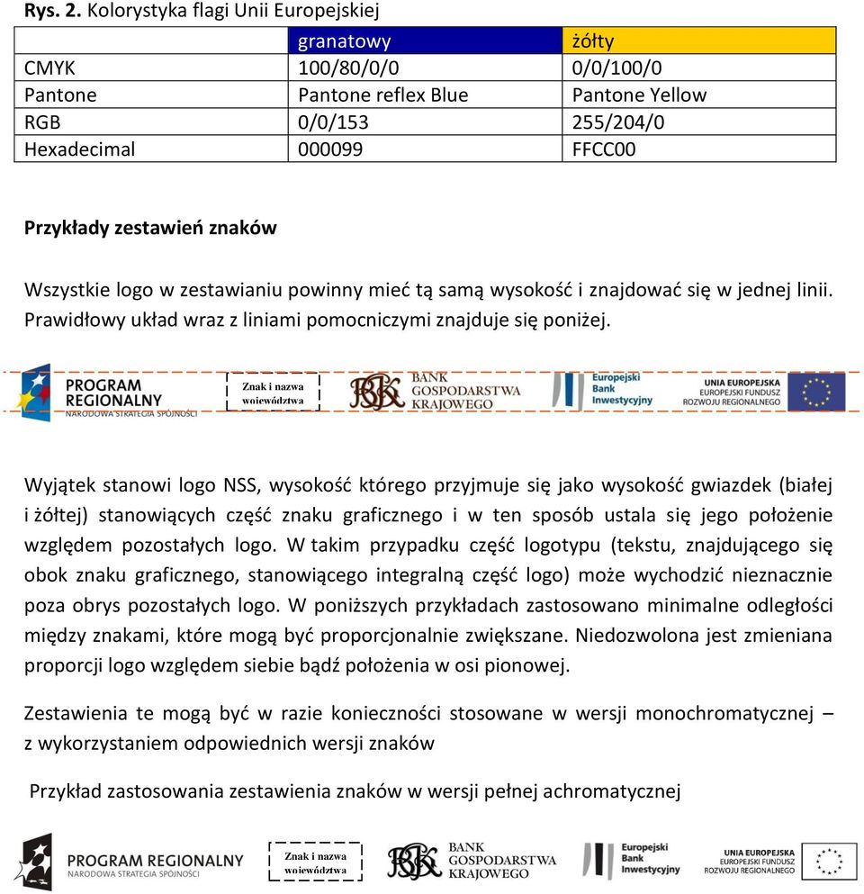 Wszystkie logo w zestawianiu powinny mieć tą samą wysokość i znajdować się w jednej linii. Prawidłowy układ wraz z liniami pomocniczymi znajduje się poniżej.