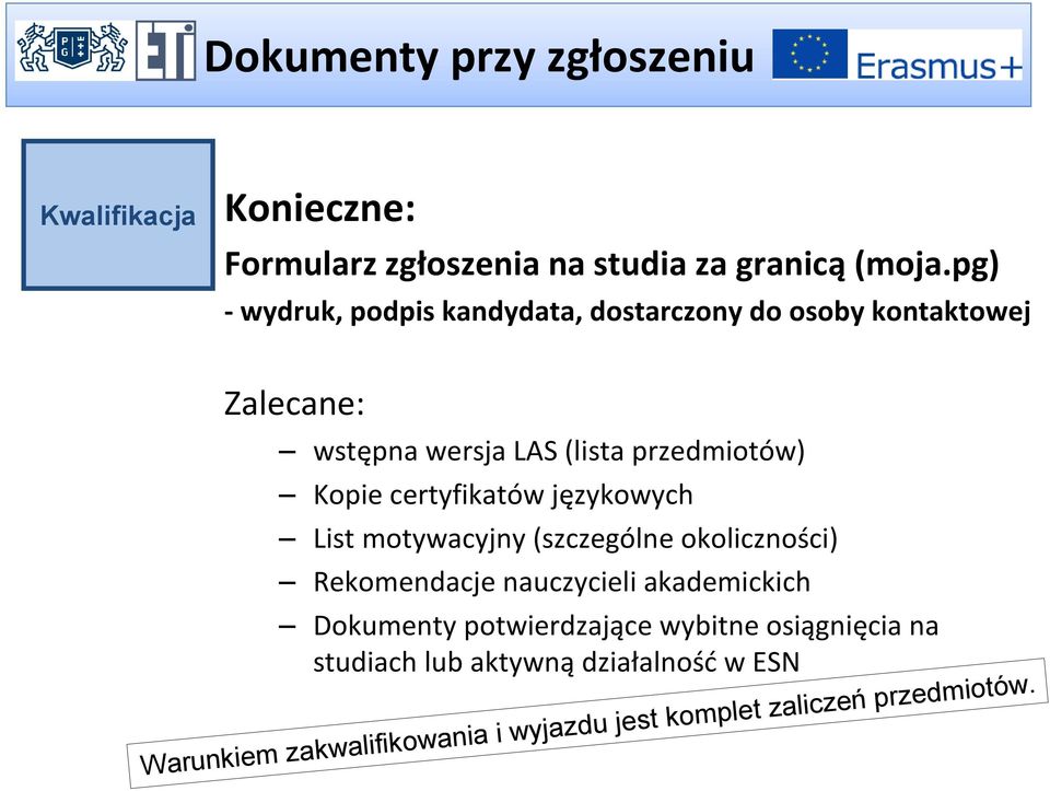 certyfikatów językowych List motywacyjny (szczególne okoliczności) Rekomendacje nauczycieli akademickich Dokumenty