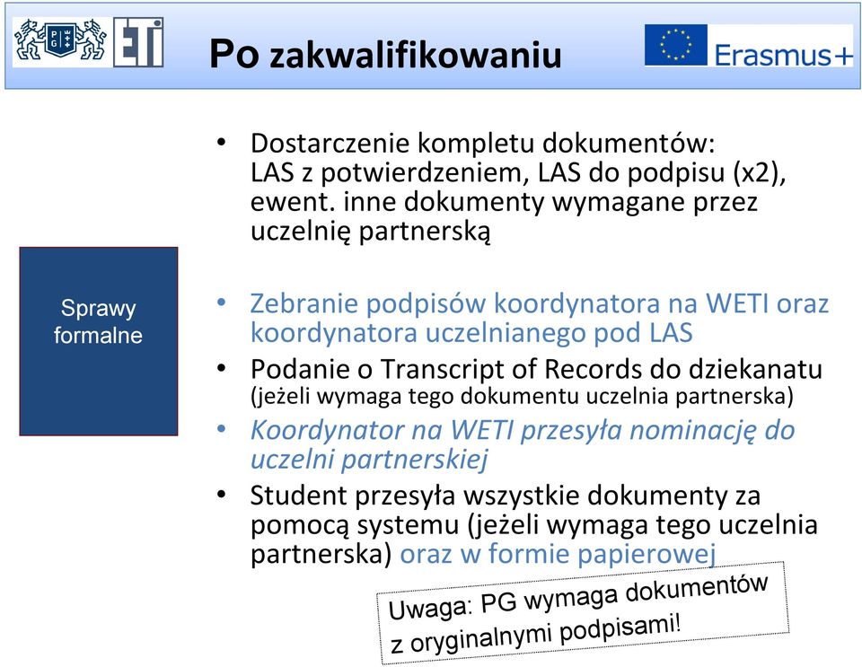 Podanie o Transcript of Records do dziekanatu (jeżeli wymaga tego dokumentu uczelnia partnerska) Koordynator na WETI przesyła nominację do