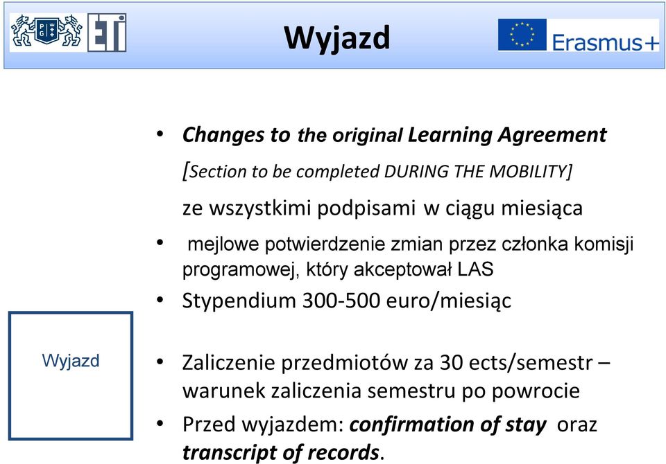 który akceptował LAS Stypendium 300-500 euro/miesiąc Wyjazd Zaliczenie przedmiotów za 30 ects/semestr