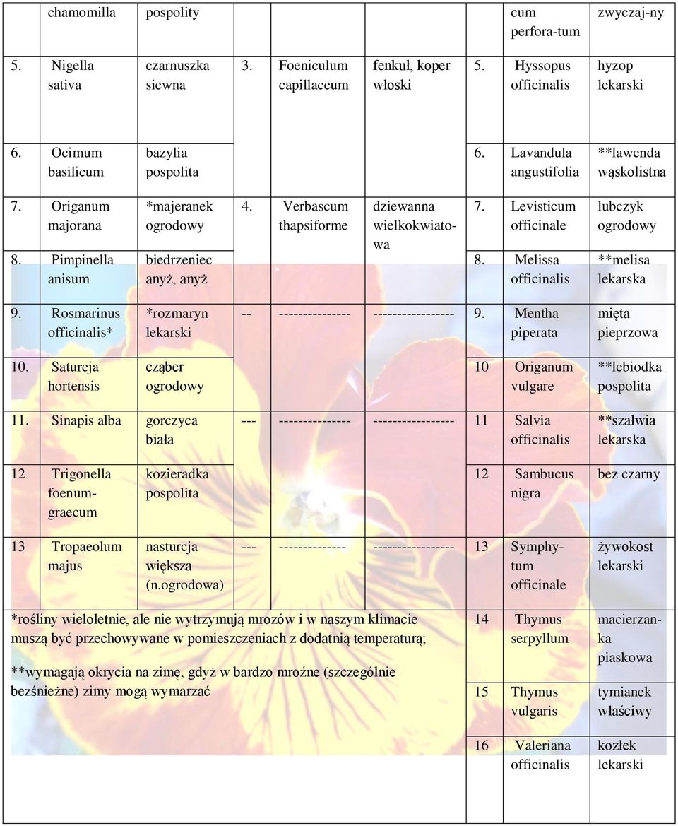 Verbascum thapsiforme dziewanna wielkokwiatowa 7. Levisticum officinale 8. Melissa officinalis lubczyk ogrodowy **melisa lekarska 9.