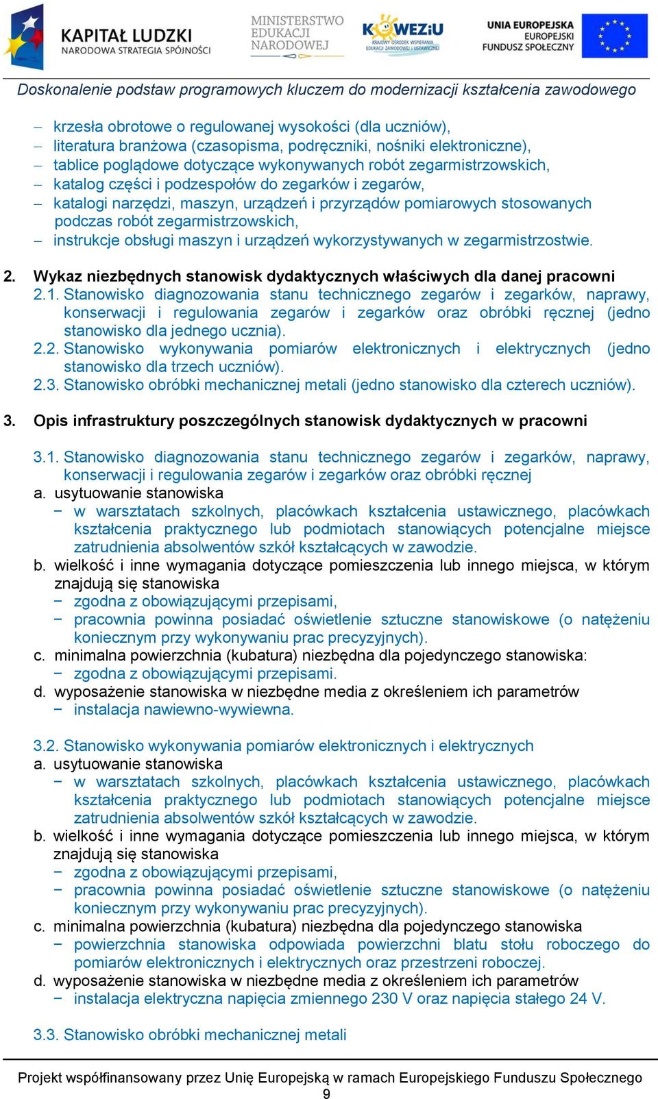 wykorzystywanych w zegarmistrzostwie. 2. Wykaz niezbędnych stanowisk dydaktycznych właściwych dla danej pracowni 2.1.