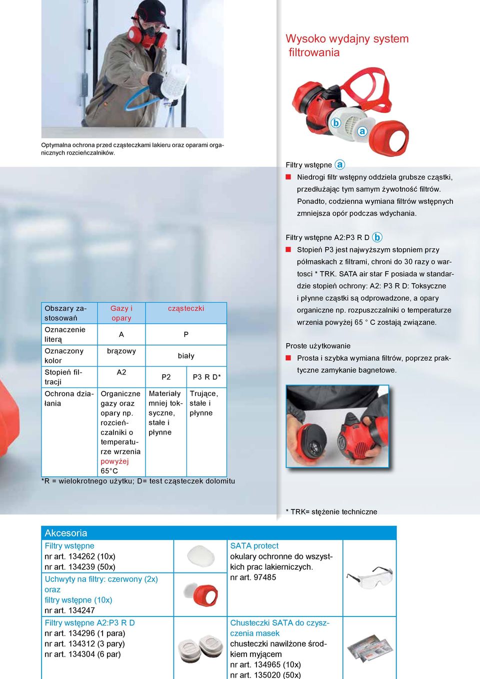 Obszary zastosowań Oznaczenie literą Oznaczony kolor Stopień filtracji Ochrona działania Gazy i opary A brązowy A2 Organiczne gazy oraz opary np.