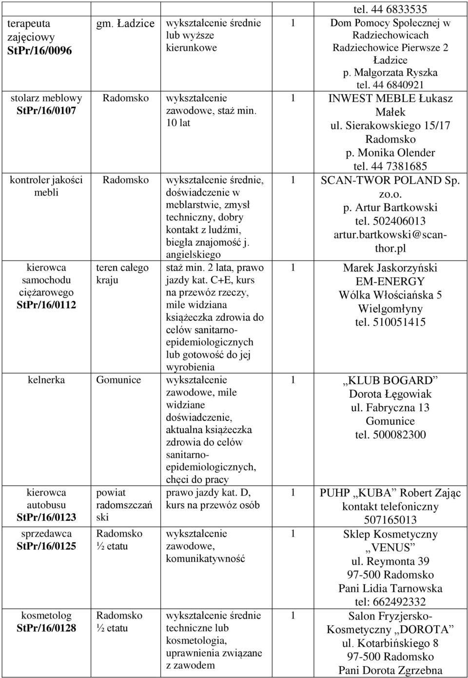 C+E, kurs na przewóz rzeczy, mile widziana książeczka zdrowia do celów sanitarnoepidemiologicznych lub gotowość do jej wyrobienia kelnerka Gomunice zawodowe, mile widziane aktualna książeczka zdrowia