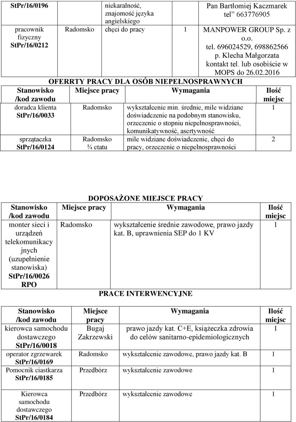 średnie, doświadczenie na podobnym stanowisku, orzeczenie o stopniu niepełnosprawności, komunikatywność, asertywność ¾ etatu chęci do pracy, orzeczenie o niepełnosprawności 2 Stanowisko monter sieci