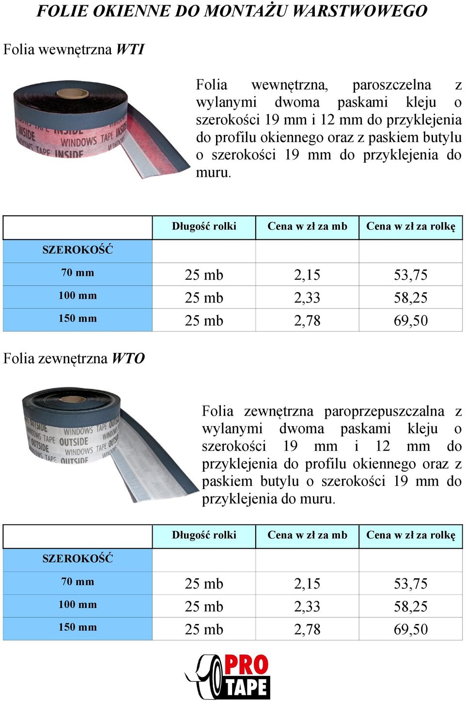 2,15 2,33 2,78 53,75 58,25 69,50 Folia zewnętrzna WTO Folia zewnętrzna paroprzepuszczalna z wylanymi dwoma paskami kleju o szerokości