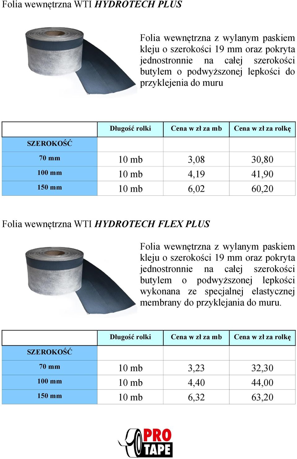 HYDROTECH FLEX PLUS Folia wewnętrzna z wylanym paskiem kleju o szerokości 19 mm oraz pokryta jednostronnie na całej szerokości