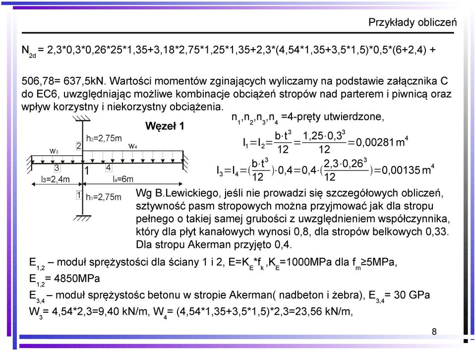 n 1,n 2,n 3,n 4 =4-pręty utwierdzone, Węzeł 1 I 1 =I 2 = b t3 12 =1,25 0,33 =0,00281m 4 12 I 3 =I 4 = b t3 12 0,4=0,4 2,3 0,263 =0,00135 m 4 12 Wg B.