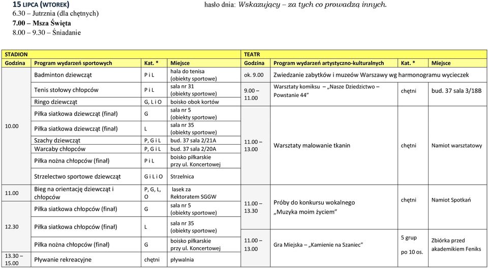 00 Zwiedzanie zabytków i muzeów Warszawy wg harmonogramu wycieczek sala nr 31 Warsztaty komiksu Nasze Dziedzictwo Tenis stołowy chłopców 9.00 bud.