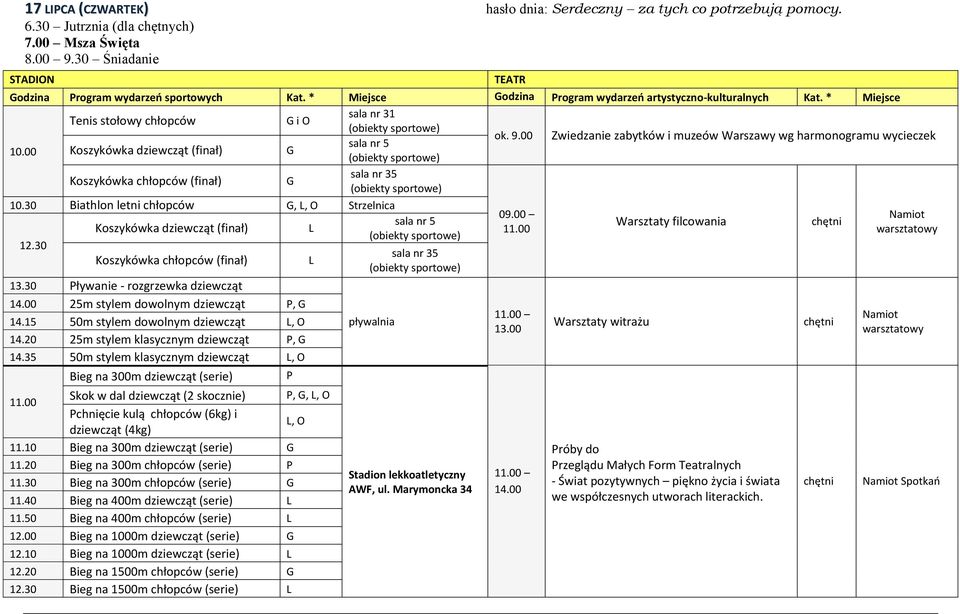 00 Koszykówka dziewcząt (finał) sala nr 35 Koszykówka chłopców (finał) 10.30 Biathlon letni chłopców, L, O Strzelnica 09.00 Namiot Warsztaty filcowania Koszykówka dziewcząt (finał) L warsztatowy 12.