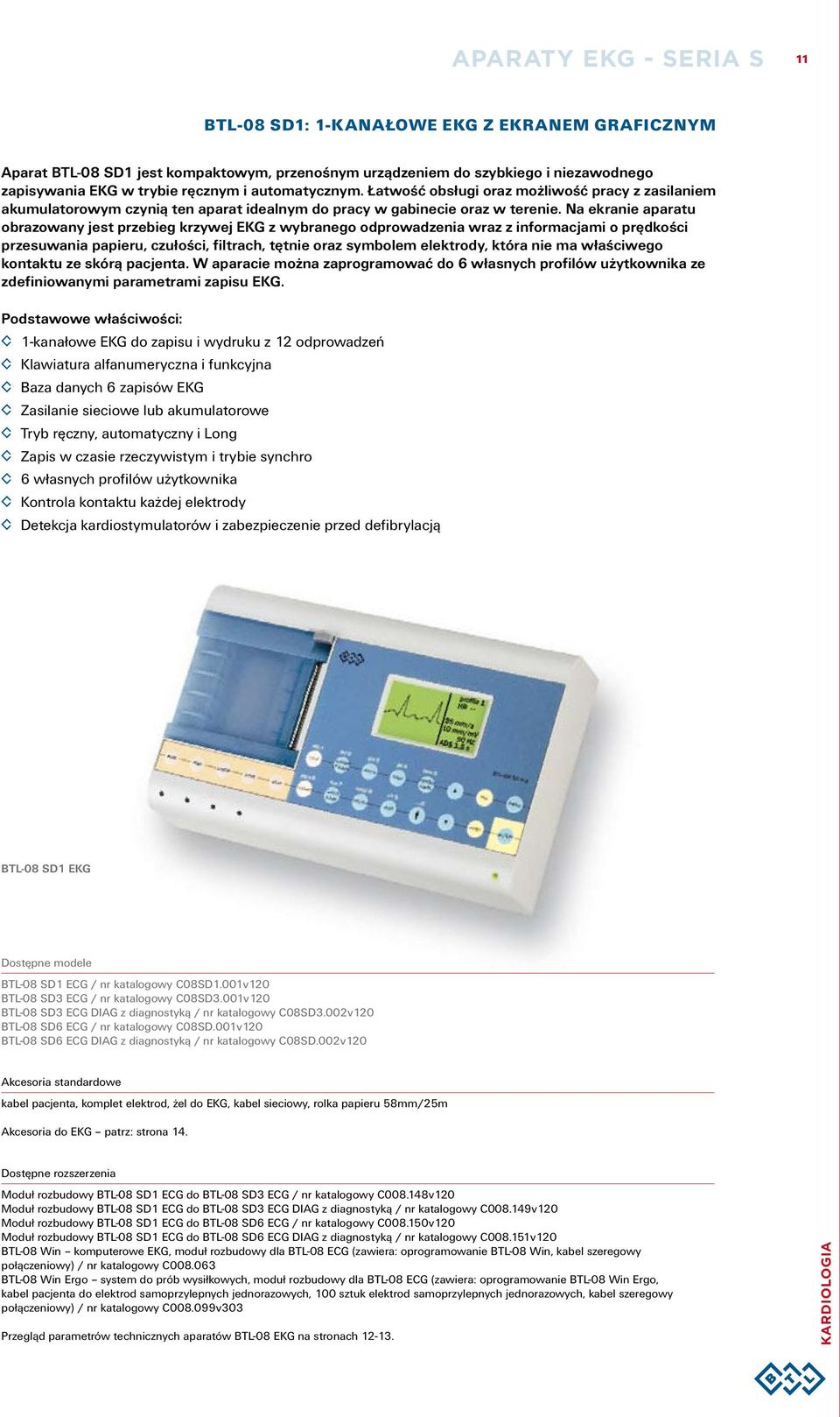 Na ekranie aparatu obrazowany jest przebieg krzywej EKG z wybranego odprowadzenia wraz z informacjami o prędkości przesuwania papieru, czułości, filtrach, tętnie oraz symbolem elektrody, która nie ma