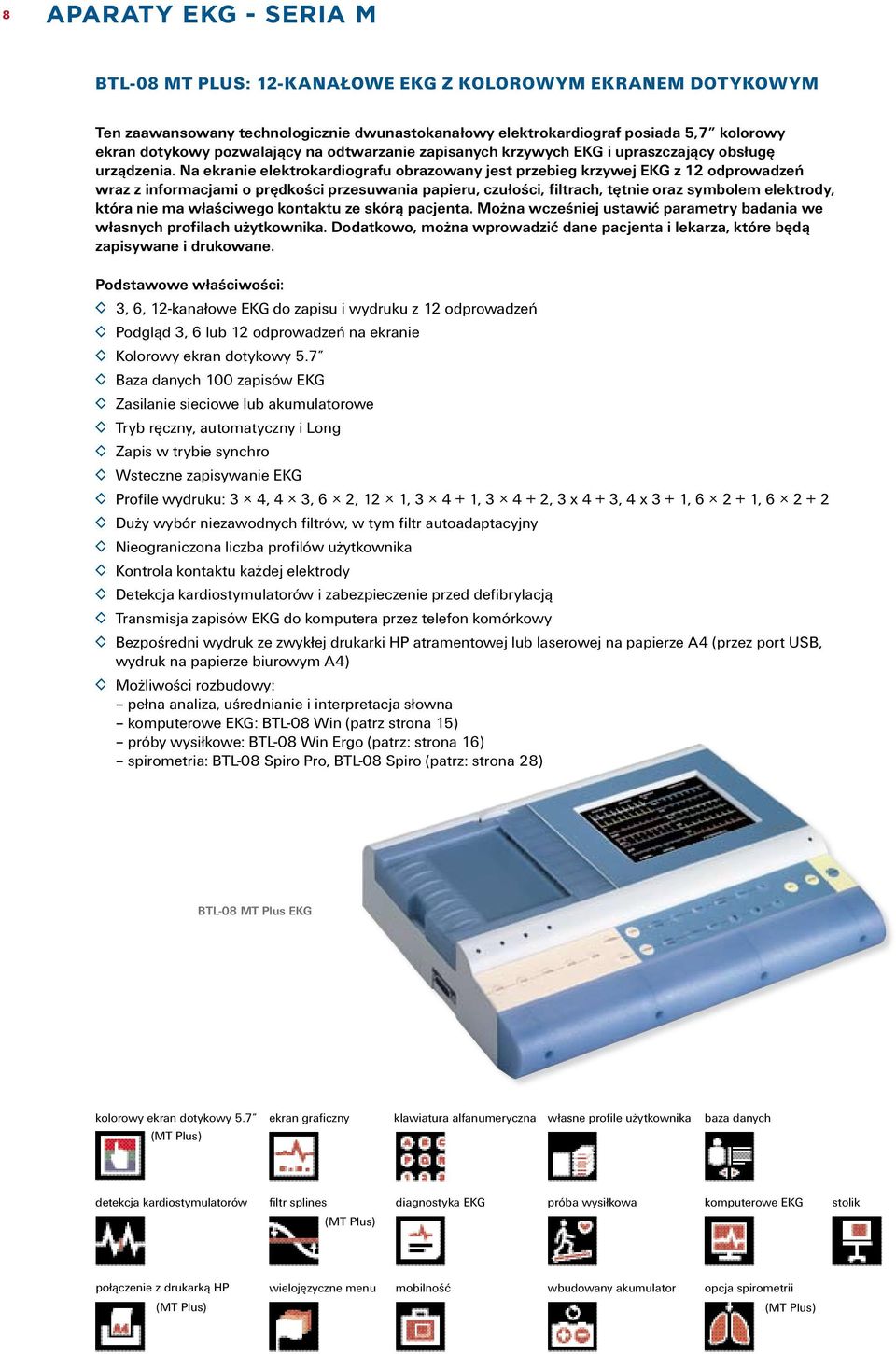 Na ekranie elektrokardiografu obrazowany jest przebieg krzywej EKG z 12 odprowadzeń wraz z informacjami o prędkości przesuwania papieru, czułości, filtrach, tętnie oraz symbolem elektrody, która nie