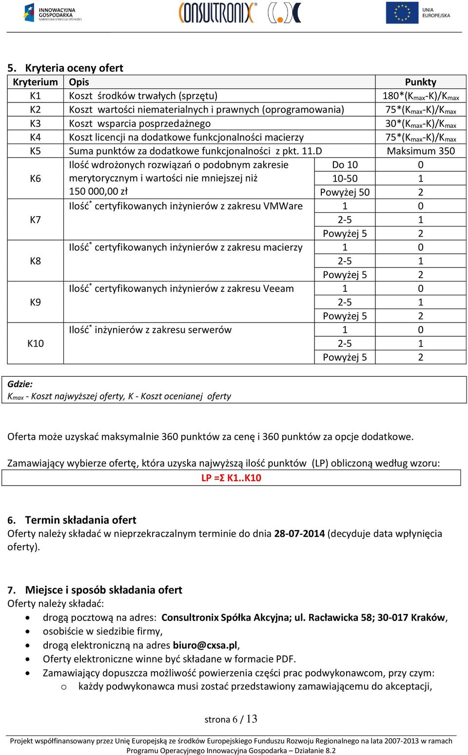 D Maksimum 350 Gdzie: K6 K7 K8 K9 K10 Ilość wdrożonych rozwiązań o podobnym zakresie merytorycznym i wartości nie mniejszej niż 150 000,00 zł Do 10 0 10-50 1 Powyżej 50 2 Ilość * certyfikowanych