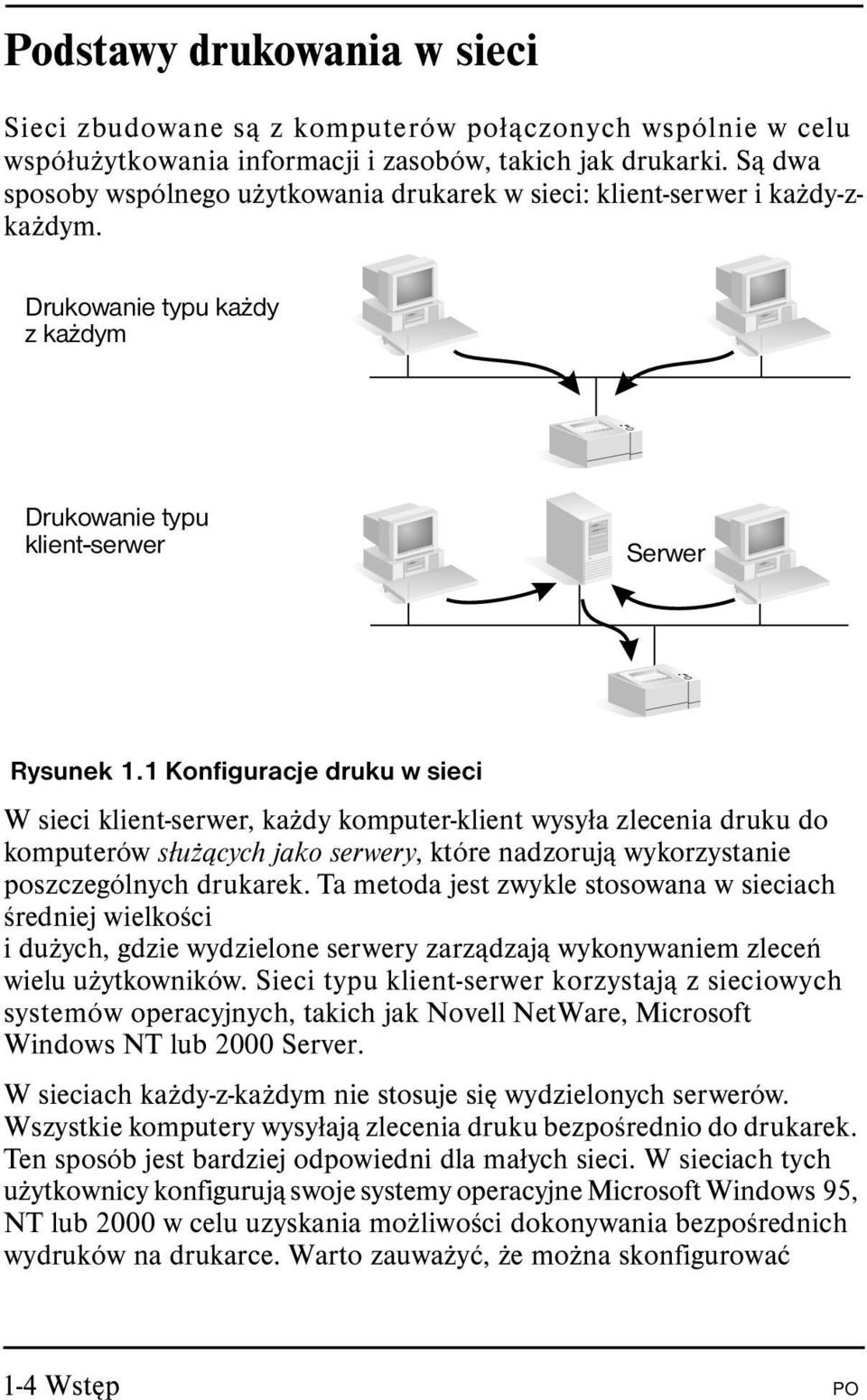 1 Konfiguracje druku w sieci W sieci klient-serwer, każdy komputer-klient wysyła zlecenia druku do komputerów służących jako serwery, które nadzorują wykorzystanie poszczególnych drukarek.