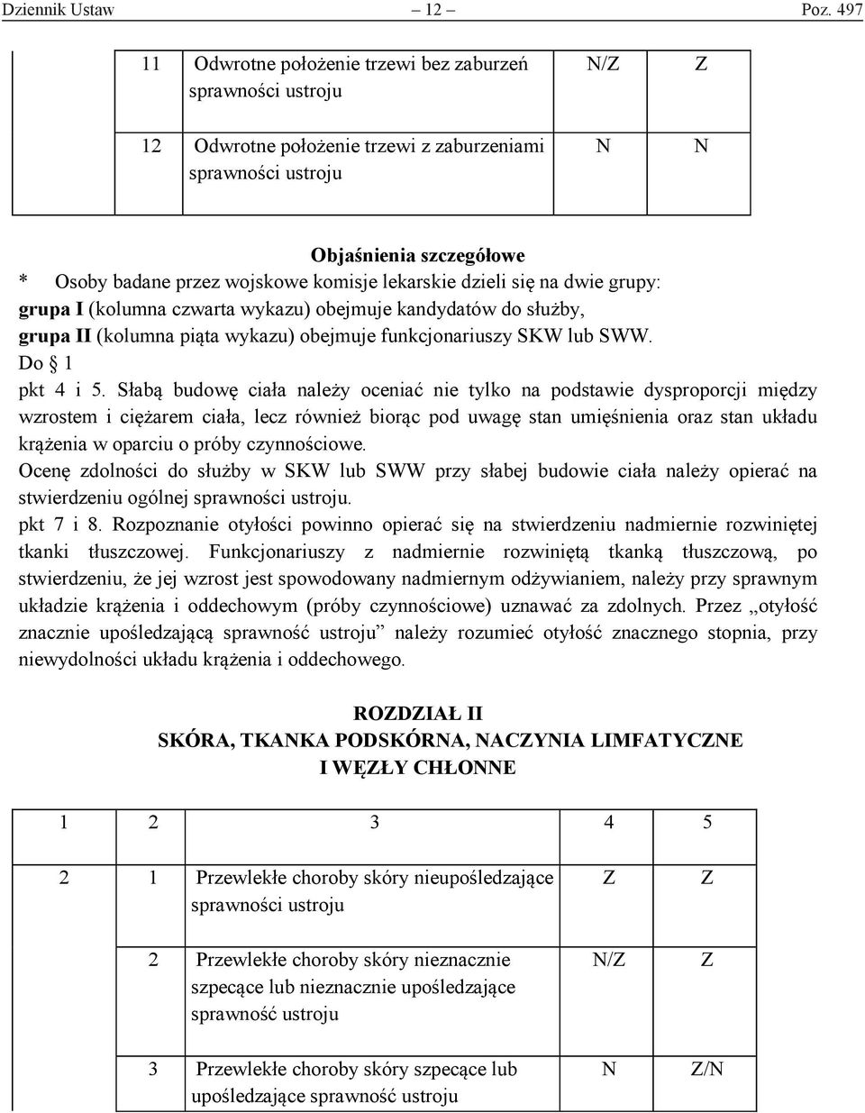 lekarskie dzieli się na dwie grupy: grupa I (kolumna czwarta wykazu) obejmuje kandydatów do służby, grupa II (kolumna piąta wykazu) obejmuje funkcjonariuszy SKW lub SWW. Do 1 pkt 4 i 5.