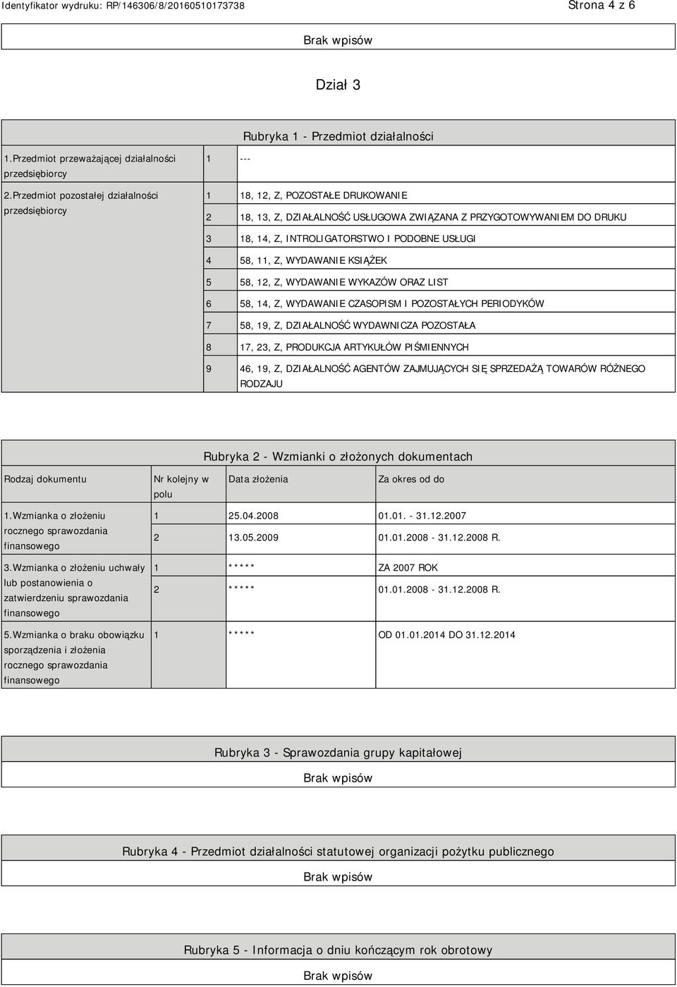 USŁUGI 4 58, 11, Z, WYDAWA KSIĄŻEK 5 58, 12, Z, WYDAWA WYKAZÓW ORAZ LIST 6 58, 14, Z, WYDAWA CZASOPISM I POZOSTAŁYCH PERIODYKÓW 7 58, 19, Z, DZIAŁALNOŚĆ WYDAWNICZA POZOSTAŁA 8 17, 23, Z, PRODUKCJA