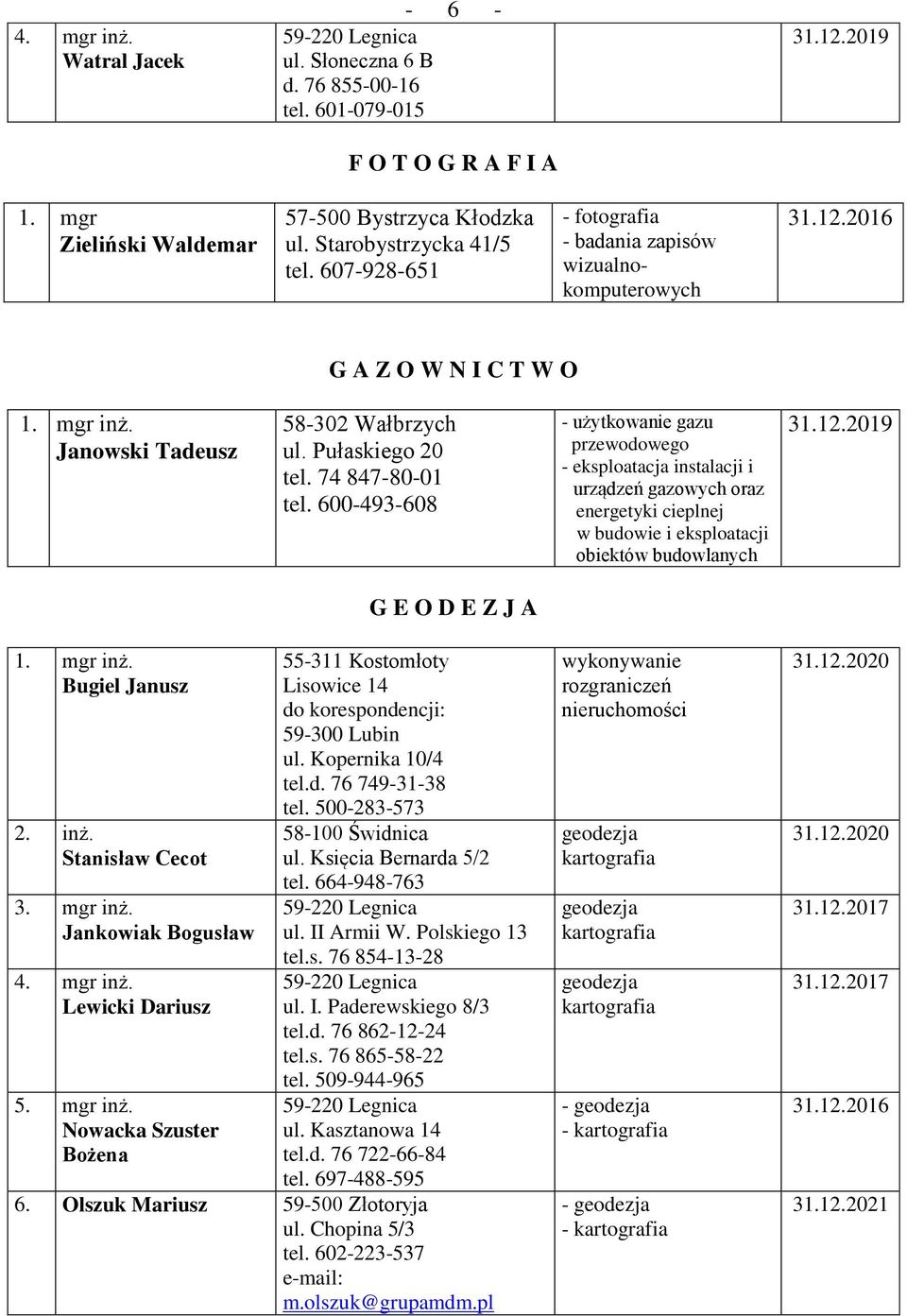 600-493-608 - użytkowanie gazu przewodowego - eksploatacja instalacji i urządzeń gazowych oraz energetyki cieplnej w budowie i eksploatacji obiektów budowlanych G E O D E Z J A 1. mgr inż.