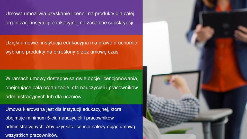 W ramach umowy dostępne są dwie opcje licencjonowania, obejmujące całą organizację: dla nauczycieli i pracowników administracyjnych lub