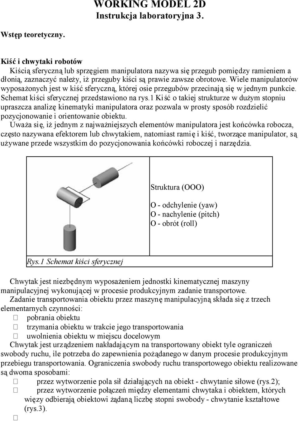 Wiele manipulatorów wyposażonych jest w kiśćsferyczną, której osie przegubów przecinająsięw jednym punkcie. Schemat kiści sferycznej przedstawiono na rys.