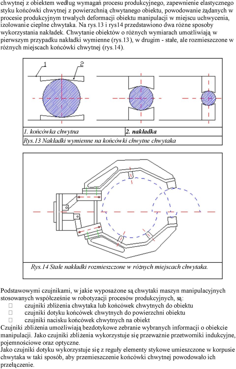 Chwytanie obiektów o różnych wymiarach umożliwiająw pierwszym przypadku nakładki wymienne (rys.13), w drugim - stałe, ale rozmieszczone w różnych miejscach końcówki chwytnej (rys.14). 1.