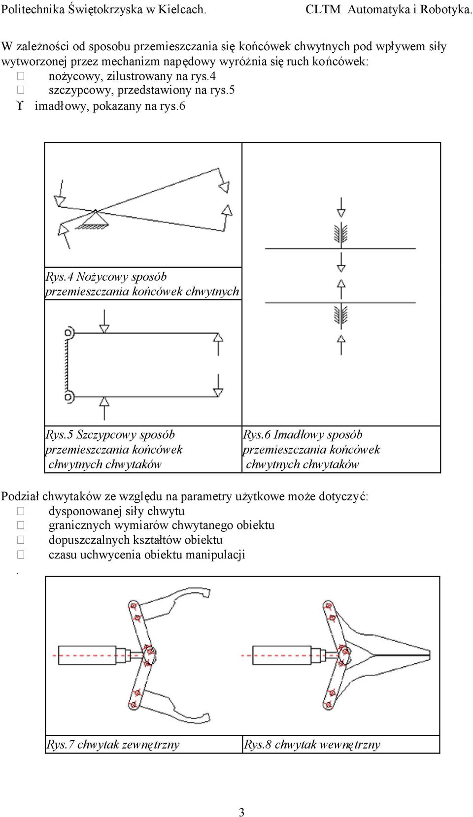 4 szczypcowy, przedstawiony na rys.5 imadłowy, pokazany na rys.6 Rys.4 Nożycowy sposób przemieszczania końcówek chwytnych Rys.