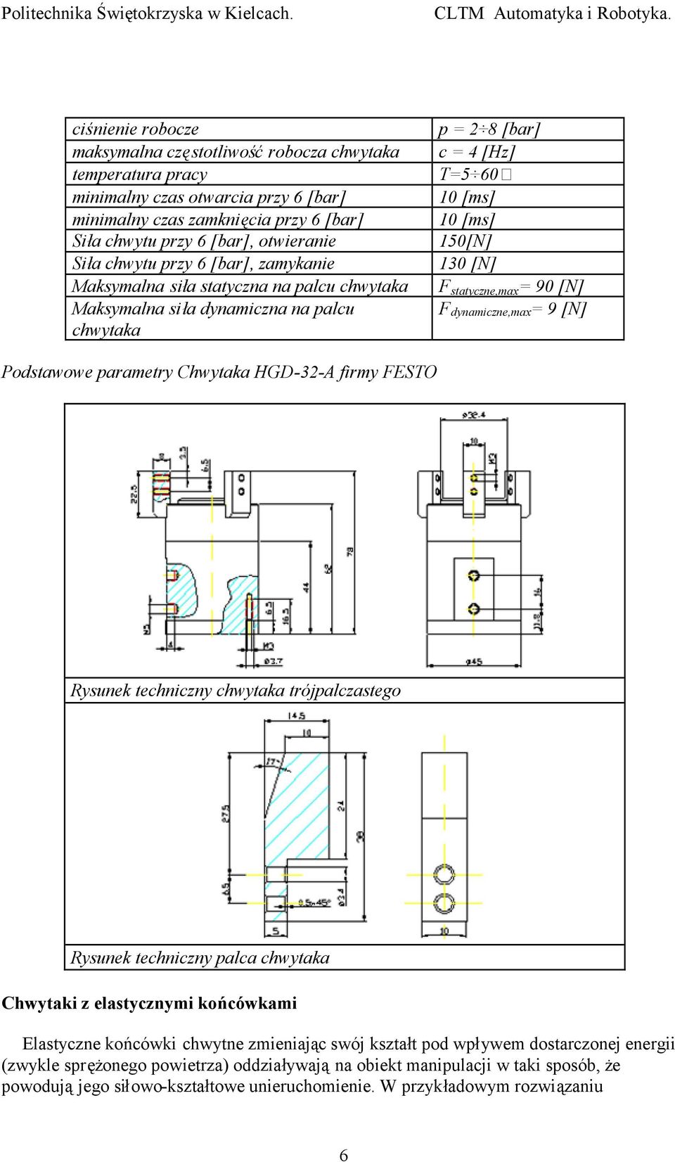 chwytu przy 6 [bar], zamykanie Maksymalna siła statyczna na palcu chwytaka Maksymalna siła dynamiczna na palcu chwytaka p = 2 8 [bar] c = 4 [Hz] T=5 60 10 [ms] 10 [ms] 150[N] 130 [N] F statyczne,max