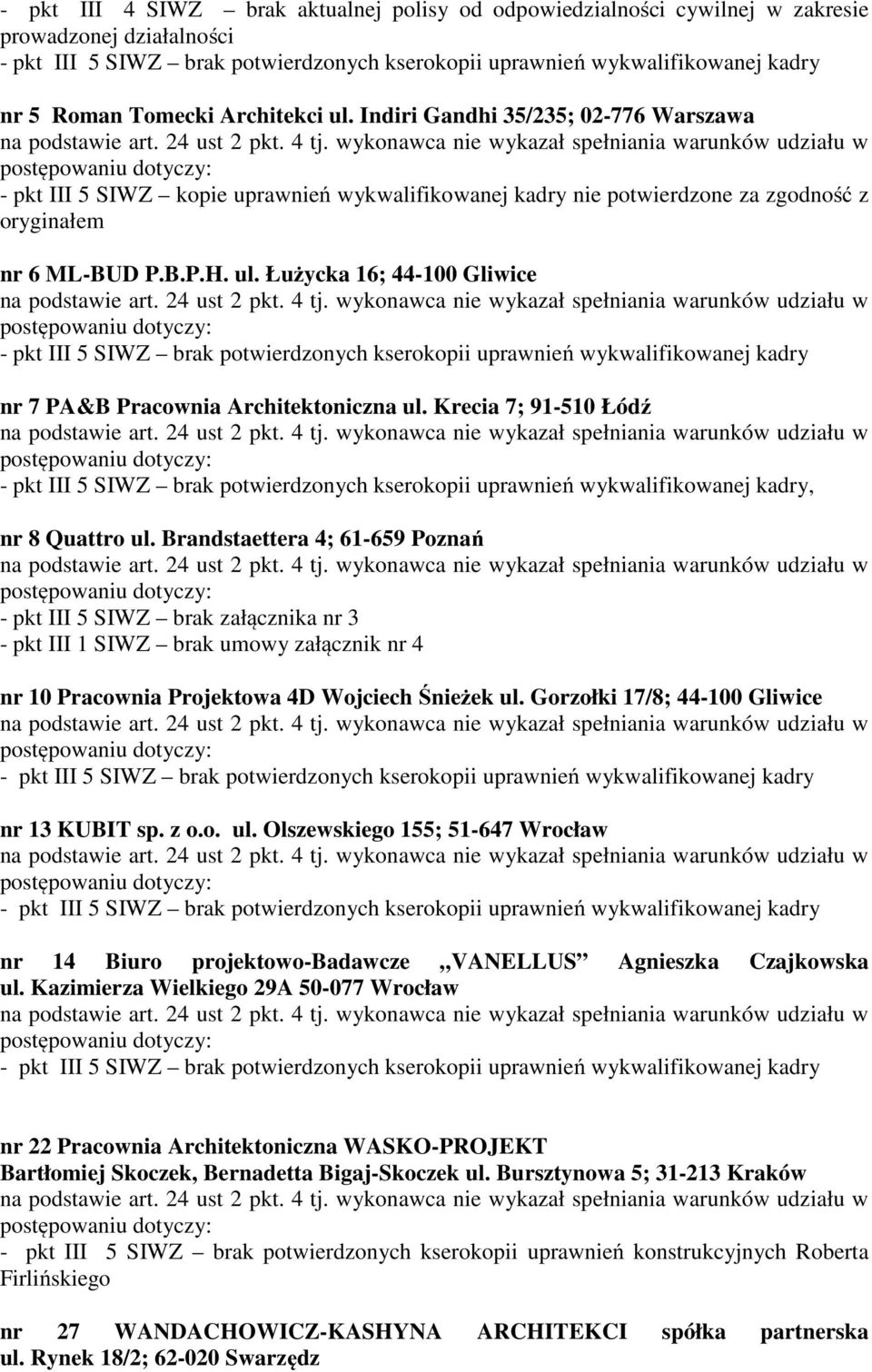 Łużycka 16; 44-100 Gliwice nr 7 PA&B Pracownia Architektoniczna ul. Krecia 7; 91-510 Łódź, nr 8 Quattro ul.