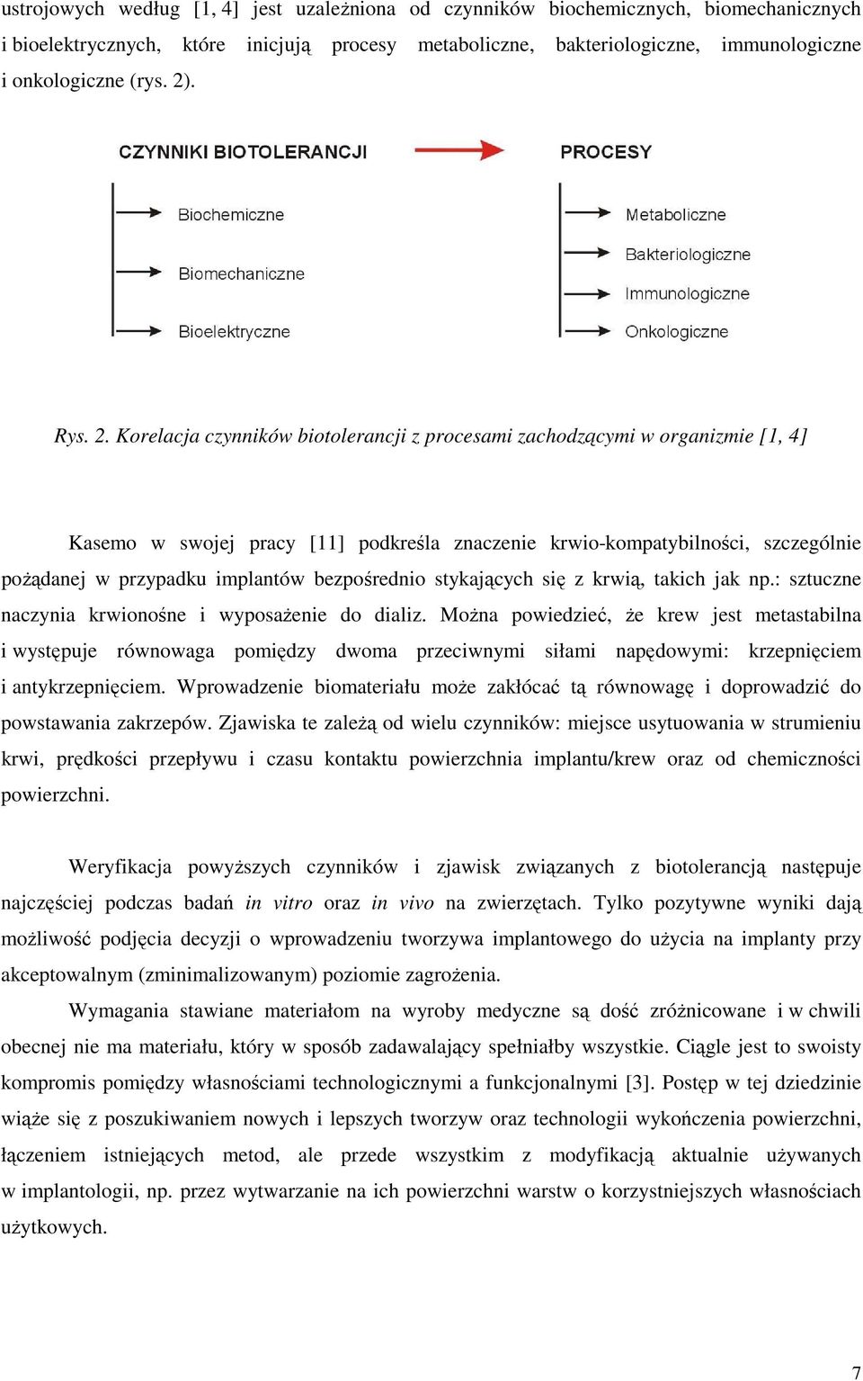 Korelacja czynników biotolerancji z procesami zachodzącymi w organizmie [1, 4] Kasemo w swojej pracy [11] podkreśla znaczenie krwio-kompatybilności, szczególnie poŝądanej w przypadku implantów