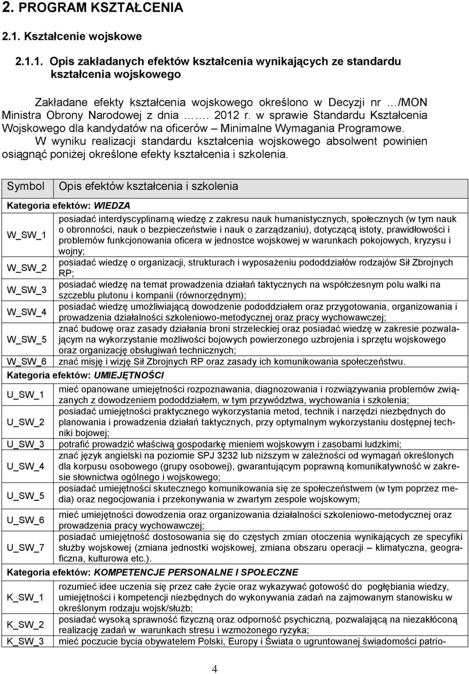 1. Opis zakładanych efektów kształcenia wynikających ze standardu kształcenia wojskowego Zakładane efekty kształcenia wojskowego określono w Decyzji nr /MON Ministra Obrony Narodowej z dnia. 2012 r.