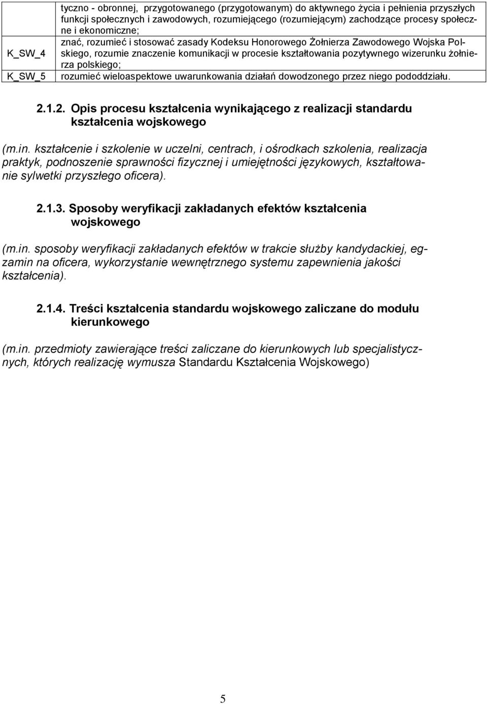 polskiego; rozumieć wieloaspektowe uwarunkowania działań dowodzonego przez niego pododdziału. 2.1.2. Opis procesu kształcenia wynikającego z realizacji standardu kształcenia wojskowego (m.in.