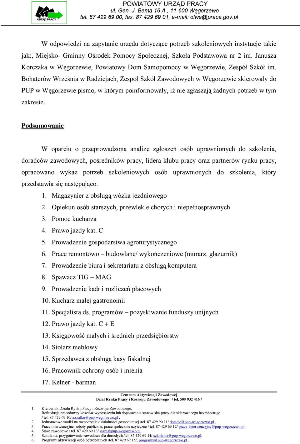 Bohaterów Września w Radziejach, Zespół Szkół Zawodowych w Węgorzewie skierowały do PUP w Węgorzewie pismo, w którym poinformowały, iż nie zgłaszają żadnych potrzeb w tym zakresie.