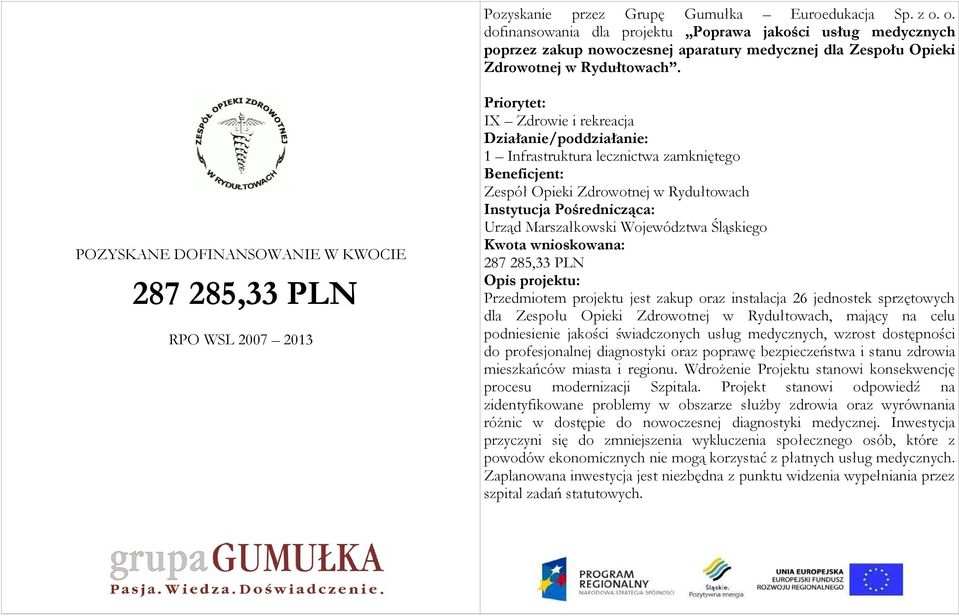 sprzętowych dla Zespołu Opieki Zdrowotnej w Rydułtowach, mający na celu podniesienie jakości świadczonych usług medycznych, wzrost dostępności do profesjonalnej diagnostyki oraz poprawę