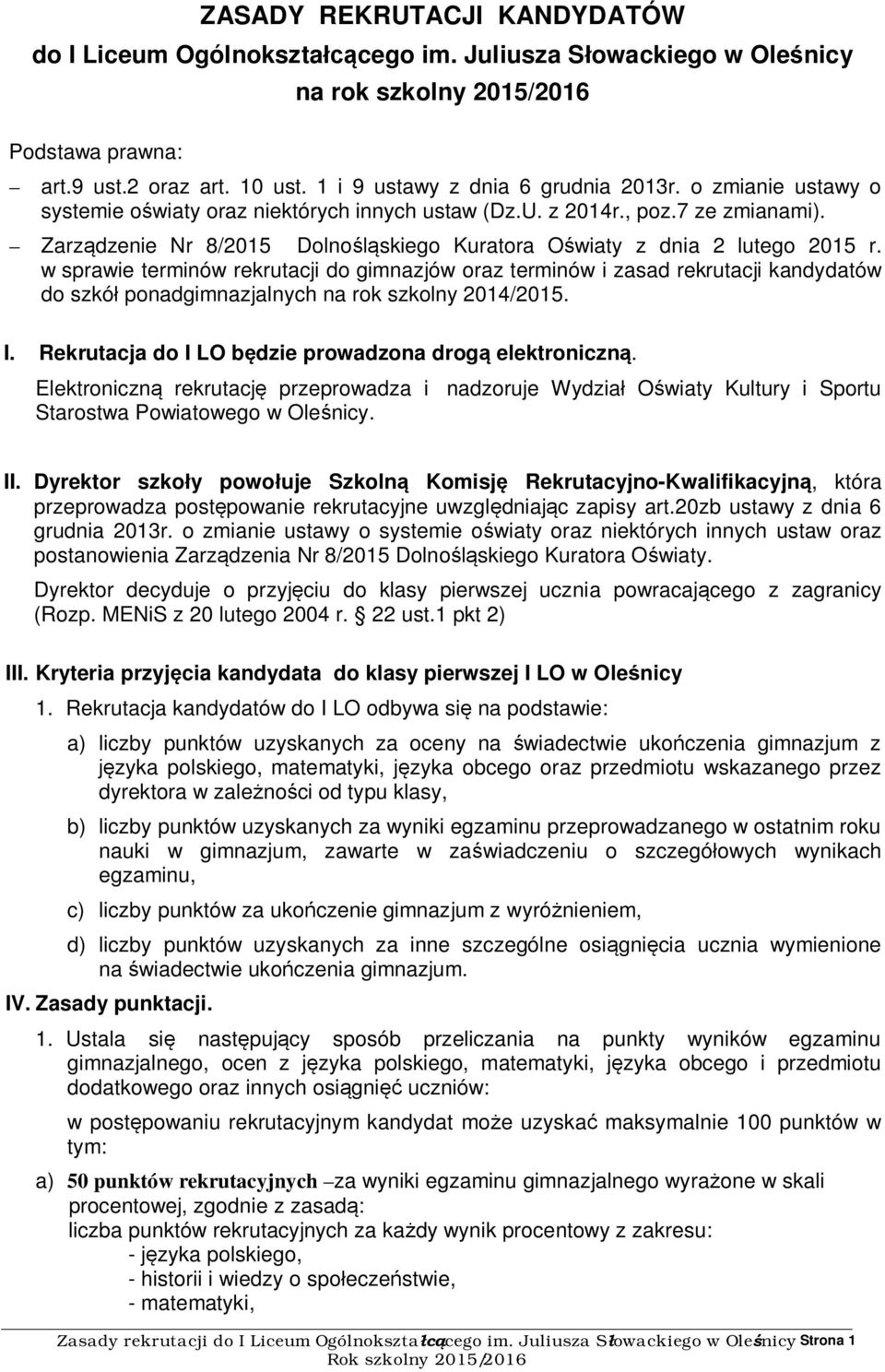 Zarządzenie Nr 8/2015 Dolnośląskiego Kuratora Oświaty z dnia 2 lutego 2015 r.