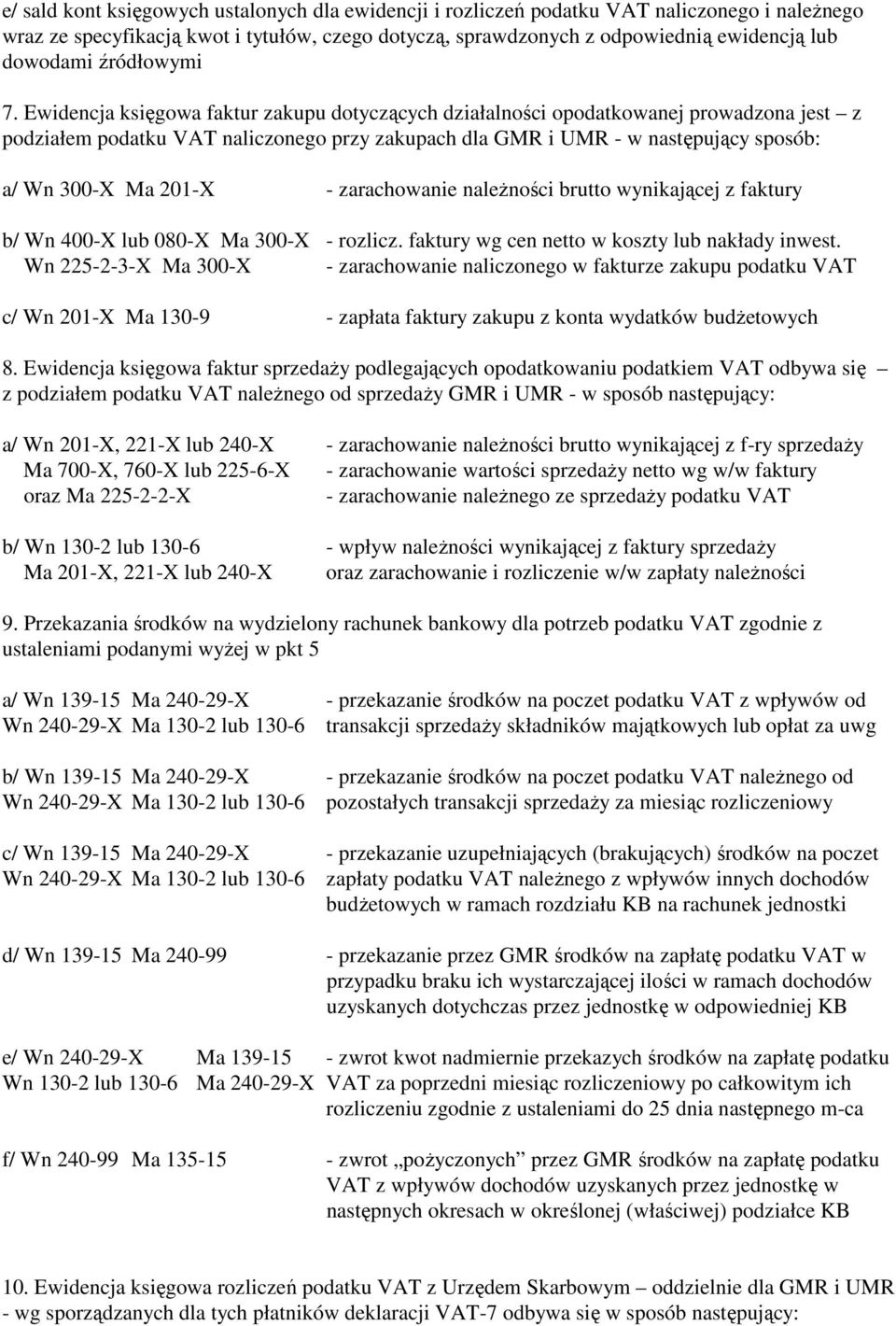 Ewidencja księgowa faktur zakupu dotyczących działalności opodatkowanej prowadzona jest z podziałem podatku VAT naliczonego przy zakupach dla GMR i UMR - w następujący sposób: a/ Wn 300-X Ma 201-X -
