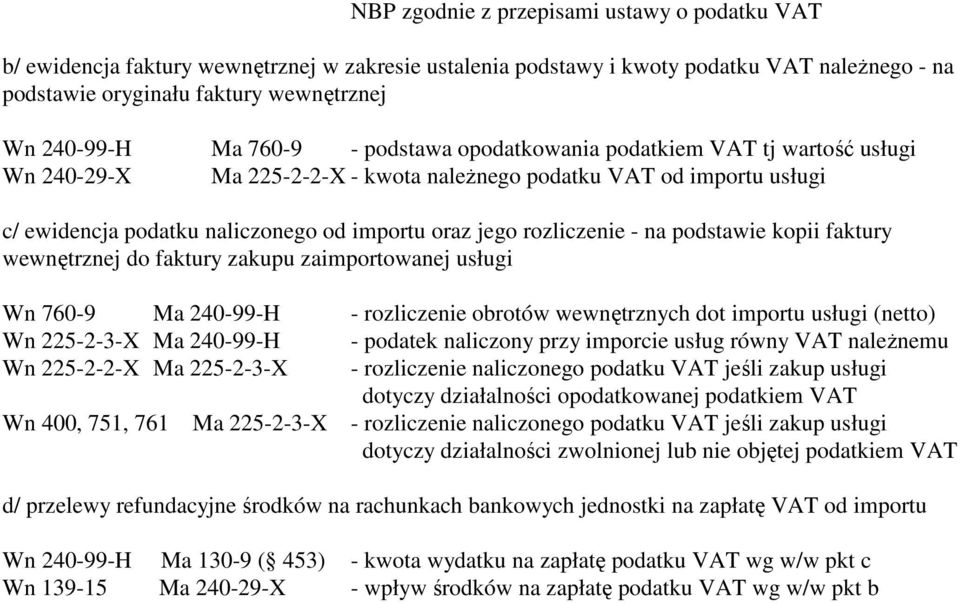 rozliczenie - na podstawie kopii faktury wewnętrznej do faktury zakupu zaimportowanej usługi Wn 760-9 Ma 240-99-H - rozliczenie obrotów wewnętrznych dot importu usługi (netto) Wn 225-2-3-X Ma