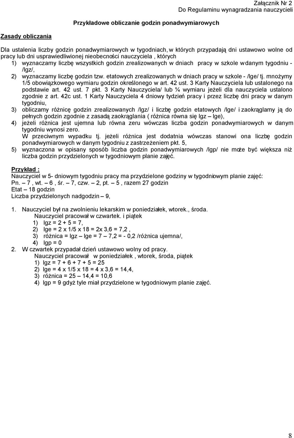wyznaczamy liczbę godzin tzw. etatowych zrealizowanych w dniach pracy w szkole - /lge/ tj. mnożymy 1/5 obowiązkowego wymiaru godzin określonego w art. 42 ust.