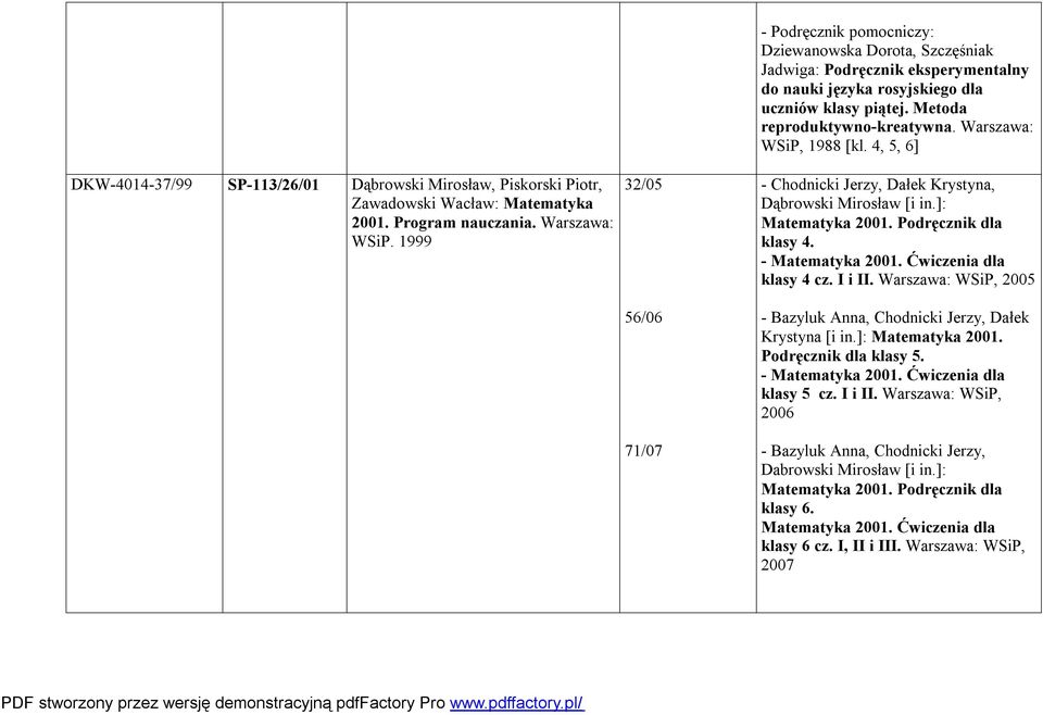 Metoda reproduktywno-kreatywna. Warszawa: WSiP, 1988 [kl. 4, 5, 6] - Chodnicki Jerzy, Dałek Krystyna, Dąbrowski Mirosław [i in.]: Matematyka 2001. Podręcznik dla klasy 4. - Matematyka 2001.