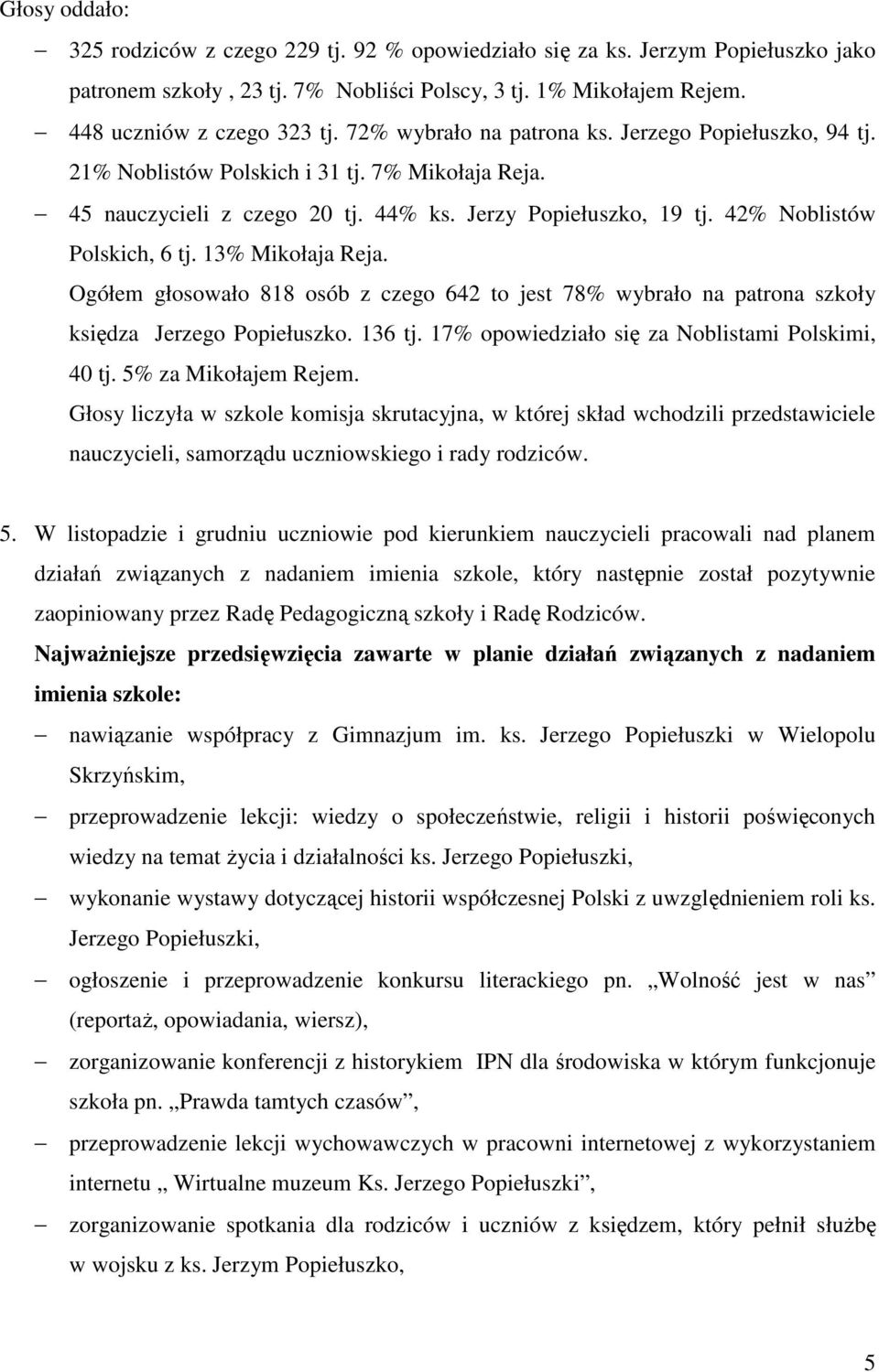 13% Mikołaja Reja. Ogółem głosowało 818 osób z czego 642 to jest 78% wybrało na patrona szkoły księdza Jerzego Popiełuszko. 136 tj. 17% opowiedziało się za Noblistami Polskimi, 40 tj.