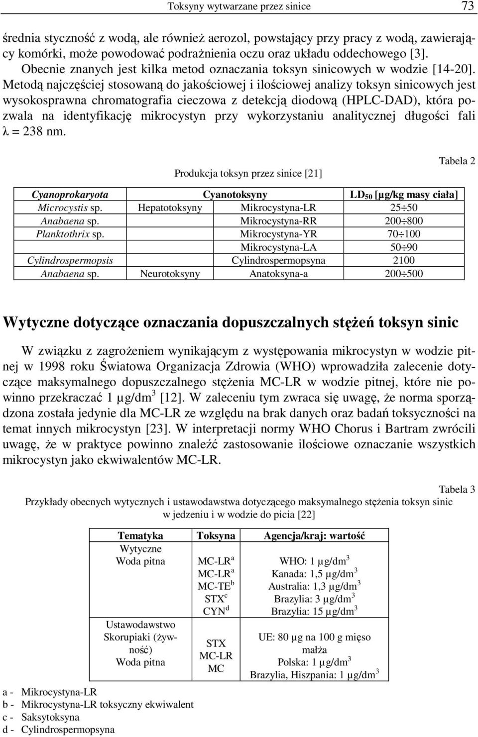 Metodą najczęściej stosowaną do jakościowej i ilościowej analizy toksyn sinicowych jest wysokosprawna chromatografia cieczowa z detekcją diodową (HPLC-DAD), która pozwala na identyfikację mikrocystyn